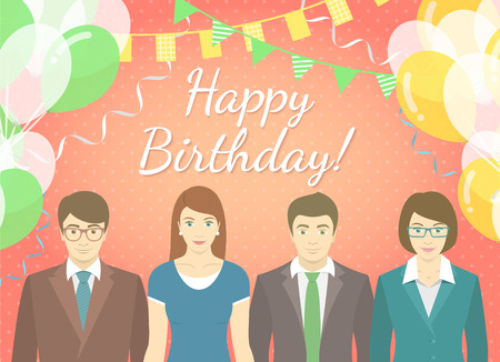 Modern flat stylized vector illustration of corporate party. Group of office workers in business suits on the background of balloons and garlands. Holiday frame for party invitation or greetings cardのイラスト素材