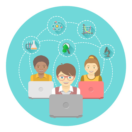 Modern flat illustration of group of kids with laptops and educational icons in a circle. International online education concept. Conceptual banner or emblemのイラスト素材