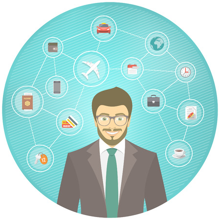 Modern flat conceptual illustration of young smiling businessman in a suit with traveling icons on blue striped round background. International business travel concept. Infographics design elementのイラスト素材