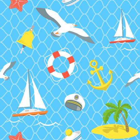 Modern flat seamless pattern with various nautical elements in flat style. Summer vacation and sea voyage traveling background. Website backdrop, book cover, printing on fabric, wallpaper designのイラスト素材