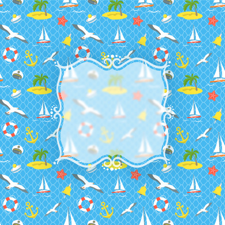 Modern flat vector blurred emblem on the conceptual sea voyage traveling background. Hand drawn sticker with space for logo on backdrop of nautical icons. Summer vacation traveling designのイラスト素材