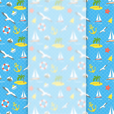 Modern flat vector blurred banner on the conceptual sea voyage traveling background. Nautical icons and objects. Summer vacation promotional flyer designのイラスト素材