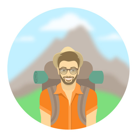 Modern flat round vector illustration of a smiling young man tourist with a backpack on the background of mountain landscape. Hiking and camping activity concept. Happy hipster guy explores the world.のイラスト素材