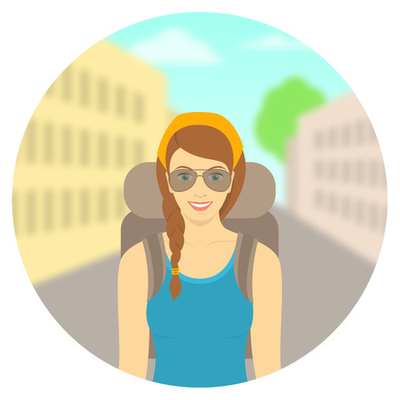 Modern flat round vector illustration of smiling young woman tourist with backpack on background of city landscape. Tourism and travel to different countries concept. Hiking and backpacking conceptのイラスト素材