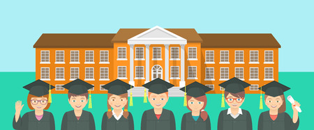 Vector flat horizontal illustration of group of kids in graduation gowns and caps opposite school building. Education conceptual background. Header banner design elementのイラスト素材