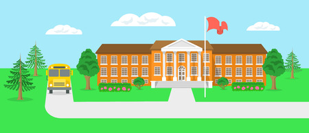 Modern flat vector illustration of school building and yard with green trees shrubs flowers firs road and school bus. Educational landscape horizontal header banner for web siteのイラスト素材