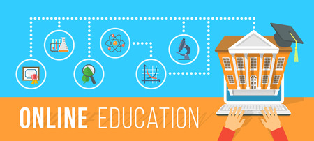 Modern flat vector conceptual horizontal illustration of online education using computer. Internet courses and elearning training by laptop. Infographics element with human hands and school iconsのイラスト素材