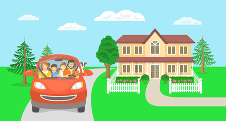 Modern flat vector illustration of happy smiling family on background of country house. Husband driving car with wife, son, daughter and dog on way to summer vacations. Horizontal casual landscapeのイラスト素材