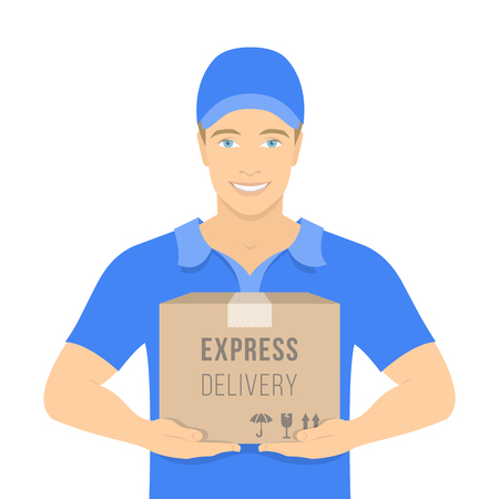 Flat vector illustration of a smiling young attractive man courier holding a parcel in a cardboard box. Express delivery concept. Delivery boy in a blue uniform. Front view on whiteのイラスト素材