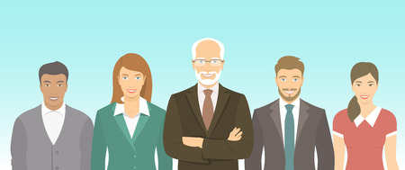 Modern flat vector illustration of business people teamwork, men and women, boss and employees in business suits. Group of business professionals horizontal banner. Start up conceptのイラスト素材