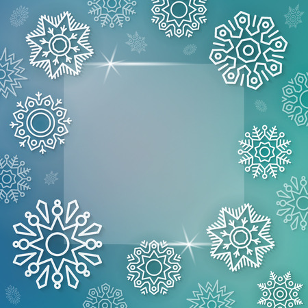 Abstract vector Christmas background with white linear snowflakes on a blue blurred background. New Year greeting card design with copy space for text. Winter seasonal border bannerのイラスト素材