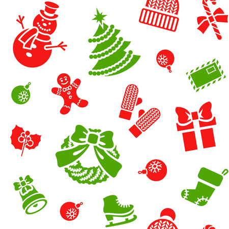 Christmas symbols holiday flat seamless background pattern with scattered icons of family celebration elements. Winter seasonal wrapping paper, wallpaper, fabric, textile, backdrop designのイラスト素材