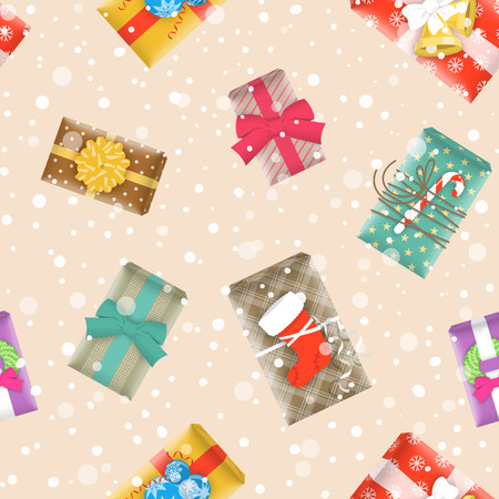 Christmas gifts festive seamless background vector pattern with scattered boxes of different hand made cute wrapped presents. Merry Christmas and Happy New Year seasonal wrapping paper designのイラスト素材