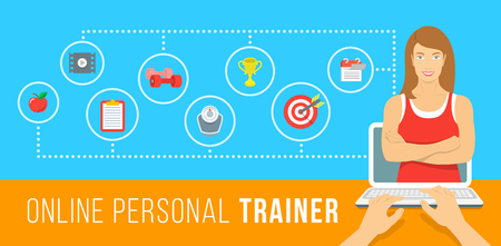 Online personal fitness trainer infographic vector illustration. Concept of web training with virtual instructor who gives advice on diet, workouts plan, healthy nutrition, weight loss, goals settingのイラスト素材