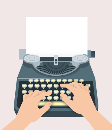 Retro manual typewriter with printing hands of writer and sheet of paper. Vector flat illustration. Vintage background. Concept of blogging, book creating, journalism, storytelling, copywritingのイラスト素材