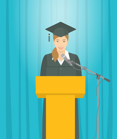 Graduation ceremony speech flat illustration. Young smiling Asian girl graduate in a gown and a mortarboard stands at a podium and gives a graduation speech. Academic education conceptのイラスト素材