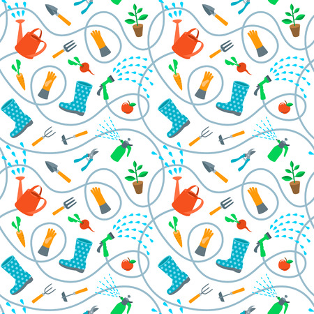 Gardening tools and fruits flat seamless pattern. Cute cartoon repeating endless background with scattered colorful objects and wriggling hose on white backdrop. Plants growing and soil cultivationのイラスト素材