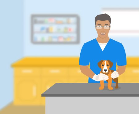 Young smiling veterinarian African American man holding a dog at a table in veterinary office. Vector flat illustration. Pets health care horizontal banner. Veterinary cartoon conceptのイラスト素材