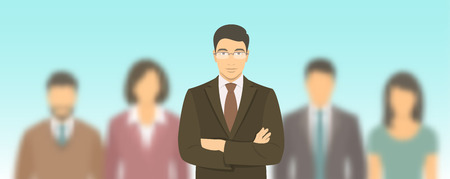 Business people group flat vector illustration. Successful team of young ambitious Asian men and women in business suits. Office staff employment concept. Leader with his team.  New business start upのイラスト素材