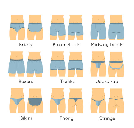 Male underwear types flat icons set. Modern man briefs fashion styles on torso figures. Front, back view. Underclothes infographic design elements. Classic briefs, boxers, trunks, string, thongのイラスト素材