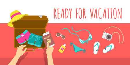 Summer vacation flat illustration. Packing beach stuff for summer time travel. Woman puts in suitcase summer clothes, swimsuit, flip-flops, hat, glasses, camera and passport. Top view bannerのイラスト素材