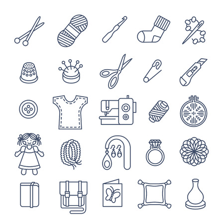 Vector flat icons of women handmade hobby activities. Tools for sewing, knitting, embroidery, beadwork. Homemade toys, clothes, jewelry, accessories. Instruments for handicraft and stuff made by handsのイラスト素材