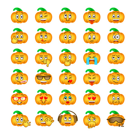 Halloween pumpkin emoji emoticons. Smiley face holiday symbol flat vector icons. Different facial emotions and expressions. Cute cartoon character mood and reactions for text chat and web messengerのイラスト素材
