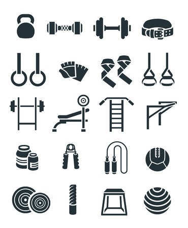 Weightlifting flat vector icons set. Bodybuilding exercises equipment pictograms. Weight lifting training objects. Powerlifting gym workout elements. Healthy lifestyle and physical activity symbolsのイラスト素材