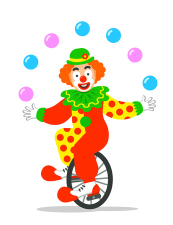Funny circus clown juggling balls on unicycle. Vector cartoon illustration. Isolated on whiteのイラスト素材