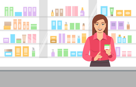 Young woman seller offering face cream at the counter of a beauty shop opposite shelves with skin care products. Cosmetic store vector cartoon backgroundのイラスト素材