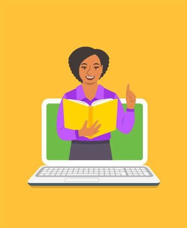 Online education concept. Young black woman teacher holds open book and lifts a finger up to share...