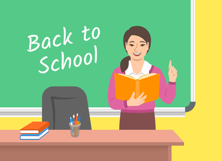 Teacher young asian woman standing with open book at the blackboard in classroom. School class interior. Traditional education concept. Vector cartoon illustration. Back to school banner.のイラスト素材