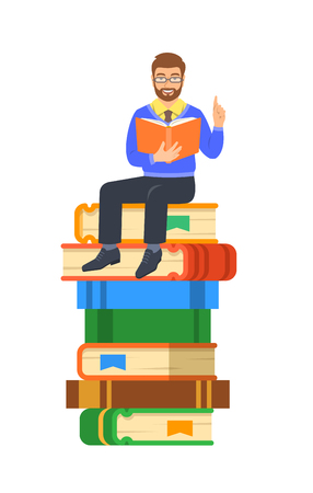 Young man teacher reads open book sitting on stack of giant books. School education concept. Vector cartoon illustration. Clever expert shares knowledge. Isolated on whiteのイラスト素材