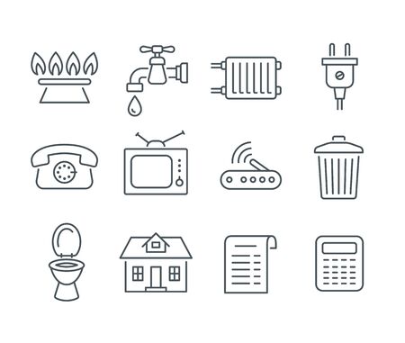 Household services utility bill icons. Vector flat thin line regular payments symbols such as gas, water, electric energy, heating, telephone, cable TV, Internet, garbage, sewage. Outline pictogramsのイラスト素材