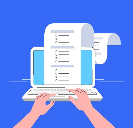Online survey concept. Flat line illustration of user taking a poll by computer. Long questionnaire with checkboxes of answer options. Consumer gives a feedback about service or productのイラスト素材