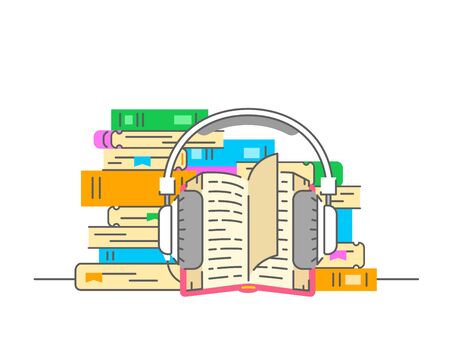 Audiobook concept. Flat thin line vector illustration. Stack of books with open book and headphones on it. Electronic book metaphor. Online library for listening of ebooksのイラスト素材