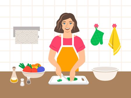 Young modern woman cuts fresh vegetables for salad or ragout in the kitchen. Flat vector cartoon illustration. Mom cooks dinner for family. Cooking at home. Preparing vegetarian diet mealのイラスト素材