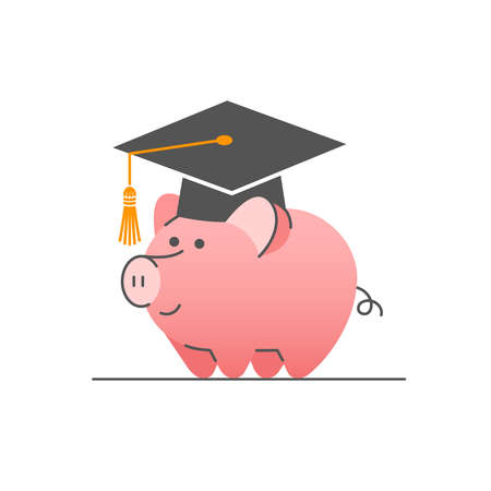 College savings flat linear vector concept. Cute piggy bank in bachelor cap. Student loan icon. Saving money for higher education. Deposit for future career developmentのイラスト素材