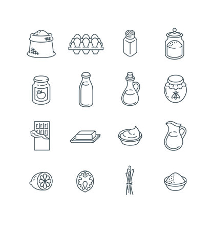 Ingredients for baking at home. Raw products for preparing homemade pastry. Thin line icons. Simple outline pictograms of flour, salt, sugar, milk, butter, oil, eggs, jam, honey, chocolate, vanillaのイラスト素材