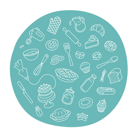 Bakery products and baking tools linear label. Round sticker with thin line icons of different baked goods and cooking utensils. Hand drawn doodle style. Package design decoration elementのイラスト素材