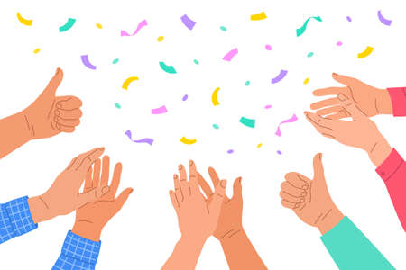 Clapping human hands. Group of men and women congratulates a winner. Business team applauding for great successful work. Teamwork and togetherness concept. Hand drawn colorful illustrationのイラスト素材