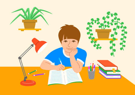 Little school boy doing his homework at the desk in his room. Young pupil writing in textbook with a pen. Smart kid preparing lessons at home. Flat vector illustration. Home education conceptのイラスト素材