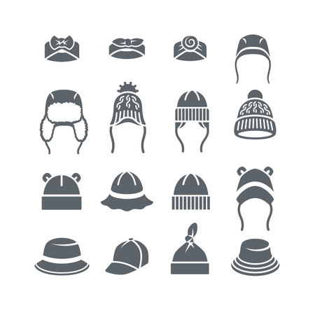 Baby hats solid silhouette icons. Simple flat pictograms of children clothes. Cute hats, caps, sun hats for newborn child, toddler, little boy or girl. Kids wardrobe garment. Warm hat with bear earsのイラスト素材