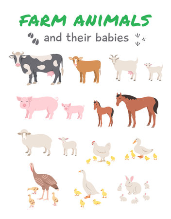 Female farm animals with offspring. Cow and calf, sheep, lamb, pig and piglet, horse, foal, goat with kid, chicken, chicks, duck and ducklings, turkey with poults, goose, goslings, rabbit with bunniesのイラスト素材