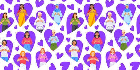 Inspire inclusion campaign pose seamless pattern. International Women's Day background. Diverse women make heart symbol with hands to stop discrimination and stereotypes. Gender equal inclusive worldのイラスト素材