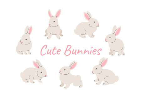 Cute playful little bunnies. Hand drawn cartoon baby rabbits in different poses isolated on white. Linear style with color fillのイラスト素材