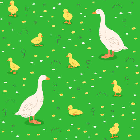 Mother goose with cute little goslings in green meadow. Seamless background pattern. Hand drawn cartoon baby goose in different poses playing in green grass. Wallpaper or textile pattern for kidsのイラスト素材