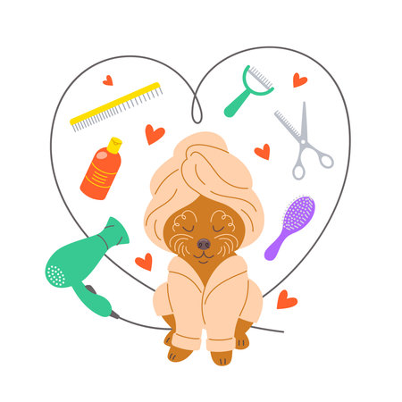 Pet grooming salon illustration with cute happy poodle dog in a bathrobe, towel and some groomer tools such as hair dryer, scissors, shampoo, brushes, all in heart shape. Adorable hand drawn doodleのイラスト素材