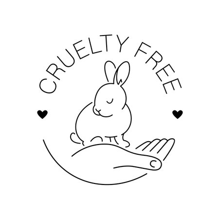 Cruelty free thin line icon. Not tested on animals outline logo sticker for animal friendly product packaging. Cute linear rabbit on hand with text in circle. Vegan eco cosmetics. Simple lined badgeのイラスト素材