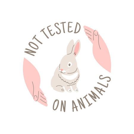 Cruelty free doodle hand drawn icon. Not tested on animals logo sticker for animal friendly product packaging. Cute cartoon rabbit in hands with text. Vegan eco cosmetics. Simple colorful round badgeのイラスト素材